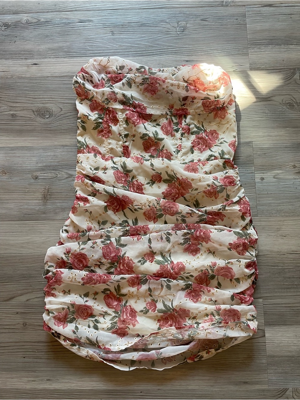 PrettyLittleThing Pink Rose Strapless Ruched Mini Dress